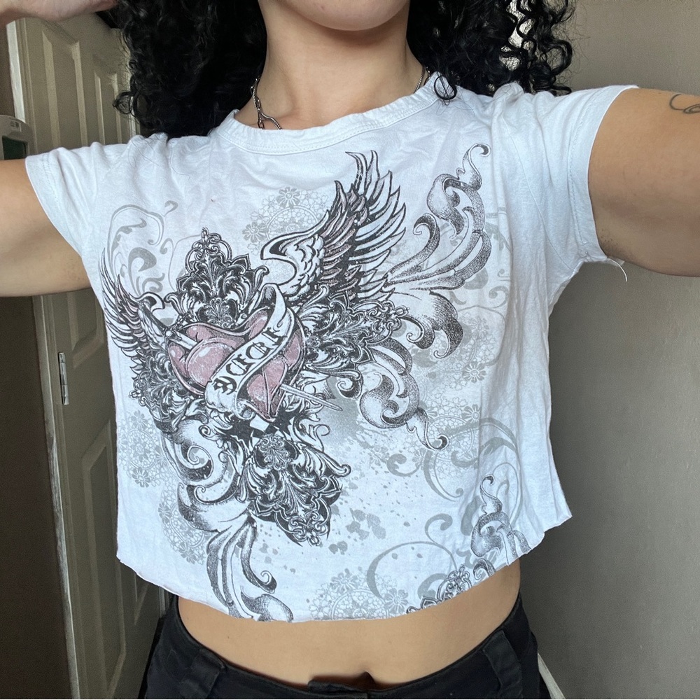 Y2K cropped teeshirt, 2000s tattoo aesthetic
